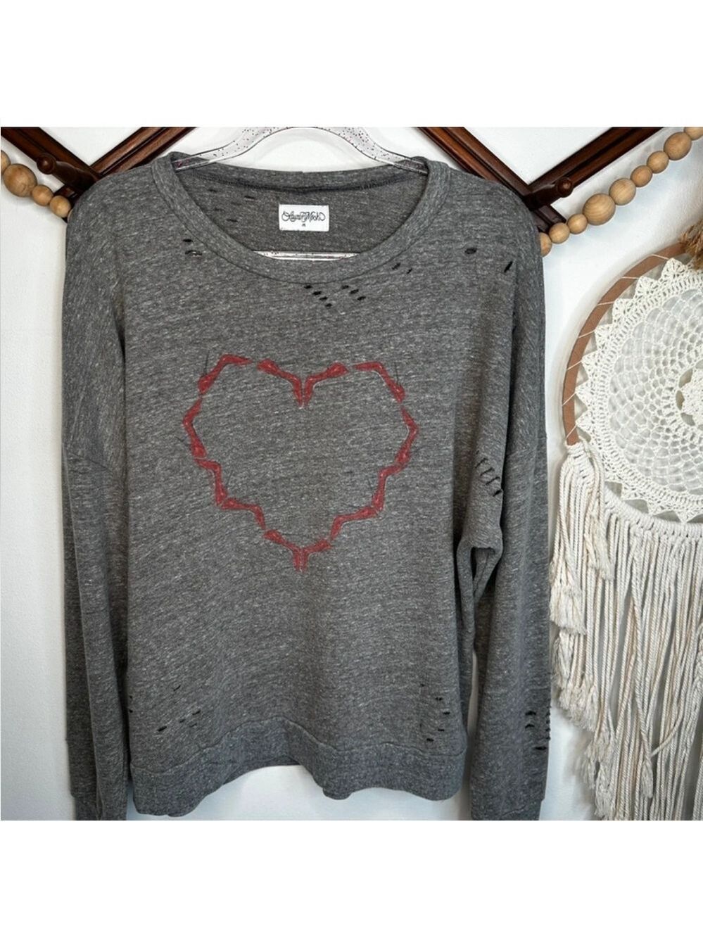 Lauren Moshi Distressed Gray High Heel Heart Print Women's Top Sweatshirt XS